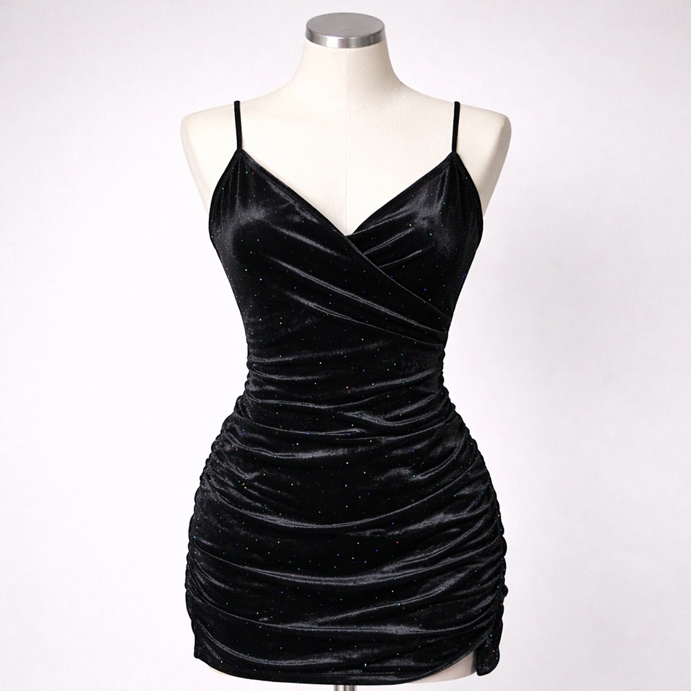 Black Velvet Rhinestone Mini Dress Ruched Bodycon Y2K Party Club Night Size M